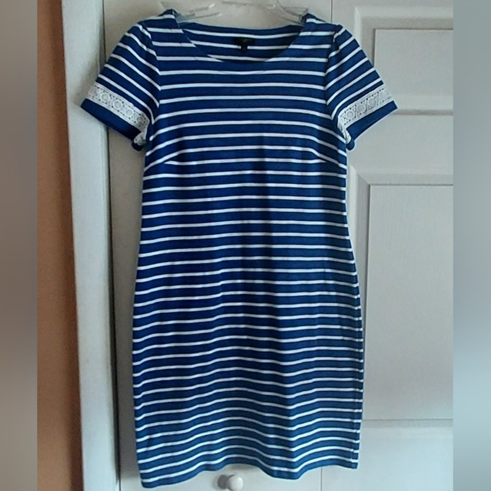 Talbots Petite Blue Stripe Short Sleeve Dress T Shirt Lace Trim Nautical Medium